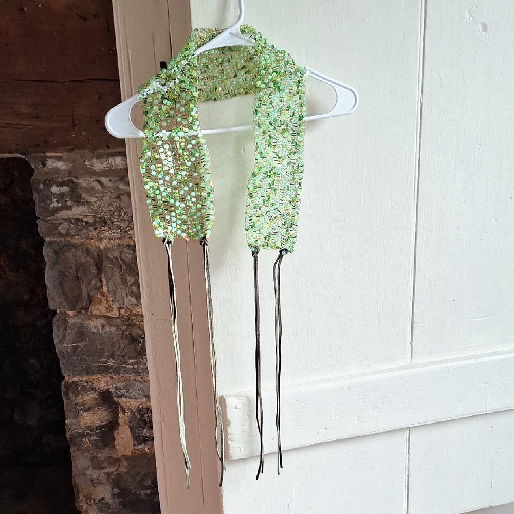 Green Beaded Belt with Leather Fringe